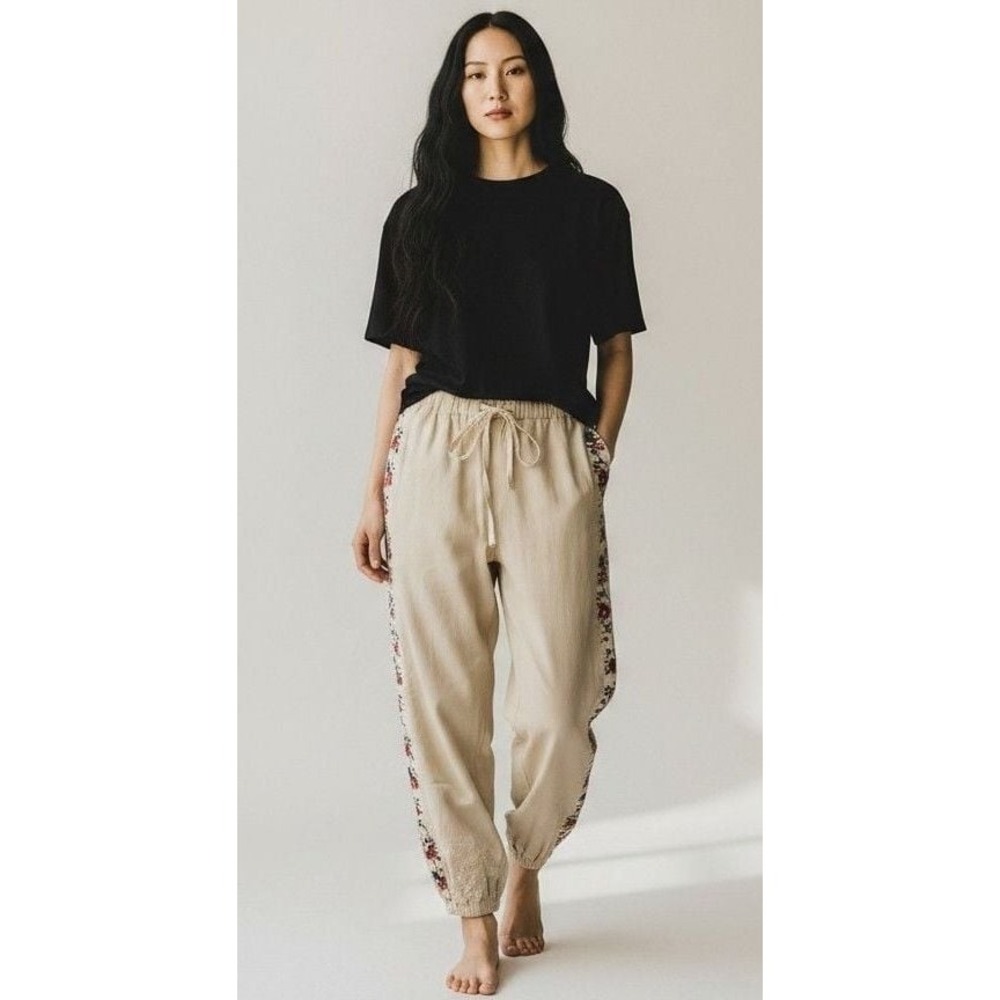 POL Embroidered Khaki Joggers With Lace Embellishments
